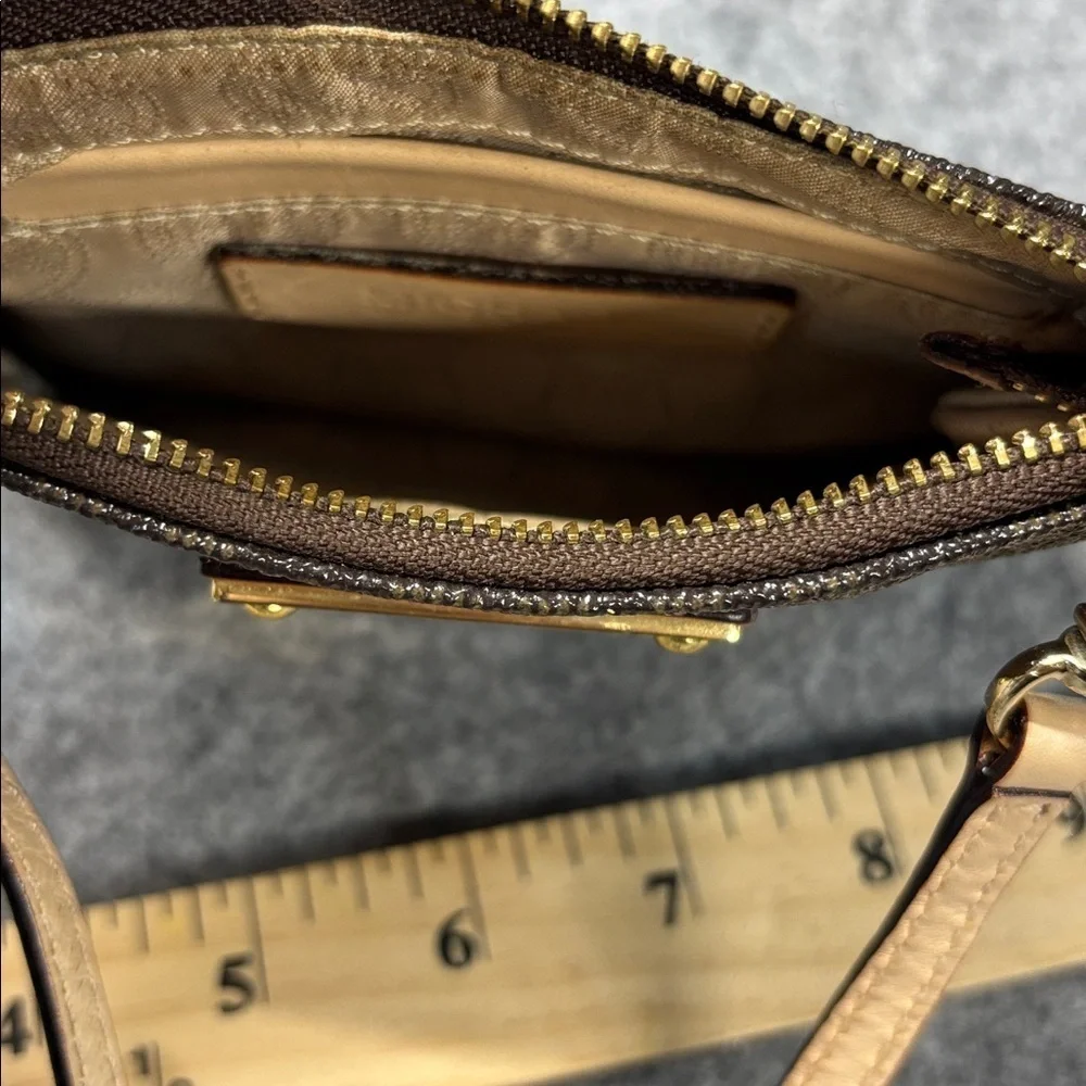 Michael Kors MK Brown Leather Wristlet Monogram Small Purse Mini Brown